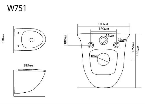 Унитаз подвесной Black&White W-751 Rimless / UF seat cover / Fixing screw (530x375x380) 751W00 Унитаз подвесной Black&White W-751 Rimless / UF seat cover / Fixing screw (530x375x380) 751W00