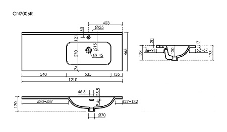 Раковина Ceramica Nova Element CN7006R мебельная чаша справа с отверстием под смеситель 1210x465x180 мм белый Раковина Ceramica Nova Element CN7006R мебельная чаша справа с отверстием под смеситель 1210x465x180 мм белый