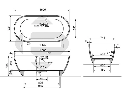 Ванна из искусственного камня Эстет Майами 1500х750 ФР-00016604 Ванна из искусственного камня Эстет Майами 1500х750 ФР-00016604