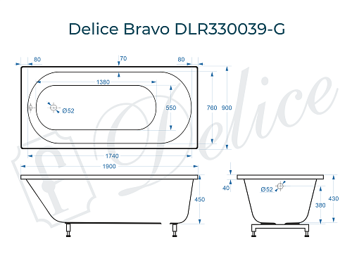 Ванна из искусственного камня Delice Bravo 190х90 DLR330039-G глянцевая Ванна из искусственного камня Delice Bravo 190х90 DLR330039-G глянцевая