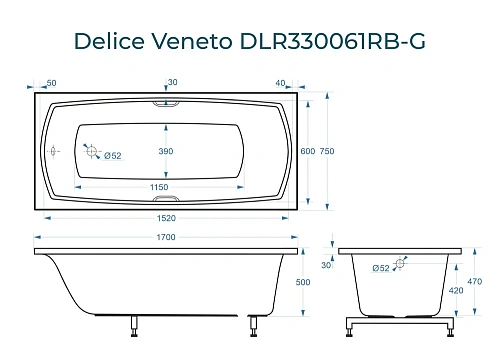 Ванна из искусственного камня Delice Veneto 170х75 DLR330061RB-G глянцевая с черными ручками Ванна из искусственного камня Delice Veneto 170х75 DLR330061RB-G глянцевая с черными ручками