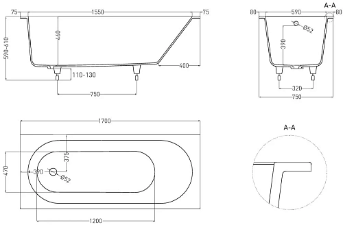 Ванна из искусственного камня Salini ORNELLA 170х75 102311G S-Sense Ванна из искусственного камня Salini ORNELLA 170х75 102311G S-Sense