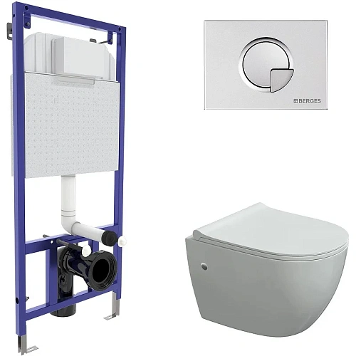 Комплект унитаза BERGES OKUS с инсталляцией NOVUM525, кнопкой R2 хром матовый, сиденье дюропласт Tom 043276 Комплект унитаза BERGES OKUS с инсталляцией NOVUM525, кнопкой R2 хром матовый, сиденье дюропласт Tom 043276