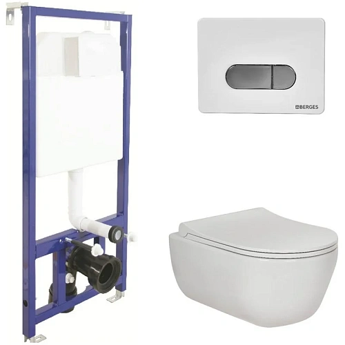 Комплект унитаза BERGES EGO Rimless с инсталляцией NOVUM525, кнопка D7 белая/кнопка хром, сидение ми 047237 Комплект унитаза BERGES EGO Rimless с инсталляцией NOVUM525, кнопка D7 белая/кнопка хром, сидение ми 047237
