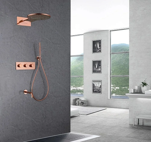 Душевая система ABBER Wasser Kreis AF8150RG скрытого монтажа с изливом, термостат, розовое золото Душевая система ABBER Wasser Kreis AF8150RG скрытого монтажа с изливом, термостат, розовое золото