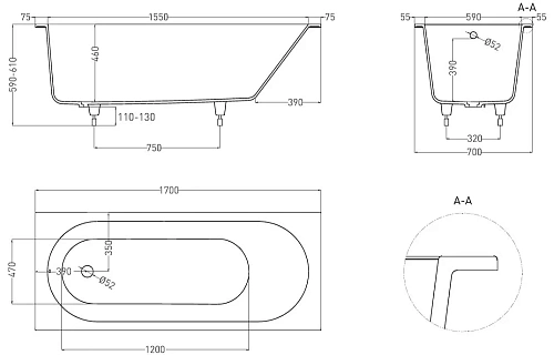 Ванна из искусственного камня Salini ORNELLA 170х70 102313G S-Sense Ванна из искусственного камня Salini ORNELLA 170х70 102313G S-Sense