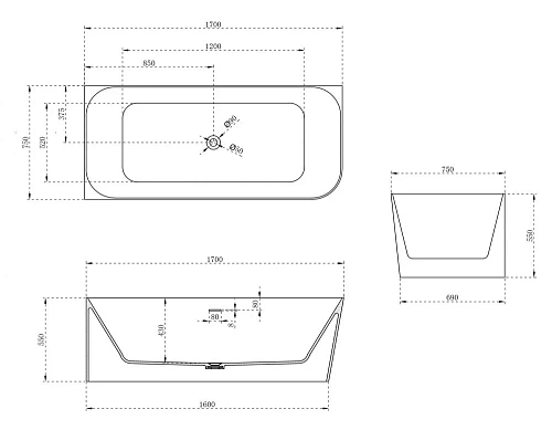 Ванна из искусственного камня ABBER AS9621-1.7 L 170x75 левосторонняя, белая матовая, искусственный камень Ванна из искусственного камня ABBER AS9621-1.7 L 170x75 левосторонняя, белая матовая, искусственный камень