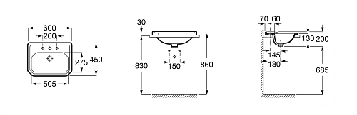 Раковина Roca Carmen накладная 60х45, 3 отверстия для смесителя, белый 3270A5003 Раковина Roca Carmen накладная 60х45, 3 отверстия для смесителя, белый 3270A5003
