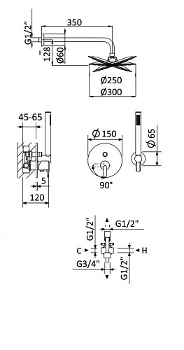 Душевая система CEZARES LEAF-DSIP-T-25-SR встраиваемая, термостатическая, верхний душ 25 см, Sunrise Душевая система CEZARES LEAF-DSIP-T-25-SR встраиваемая, термостатическая, верхний душ 25 см, Sunrise