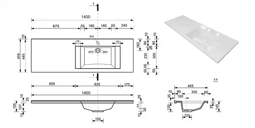 Раковина Эстет Рава 140 ФР-00017692 1400х455 правая, над стиральной машиной Раковина Эстет Рава 140 ФР-00017692 1400х455 правая, над стиральной машиной