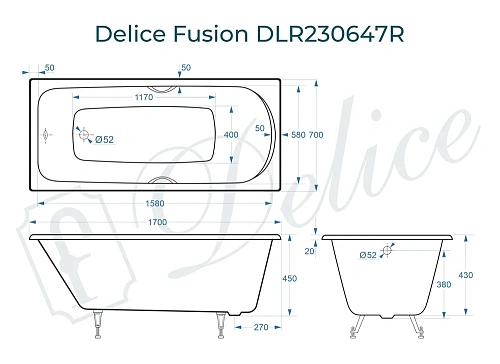 Ванна чугунная Delice Fusion 170х70 DLR230647R с отверстиями под ручки Ванна чугунная Delice Fusion 170х70 DLR230647R с отверстиями под ручки