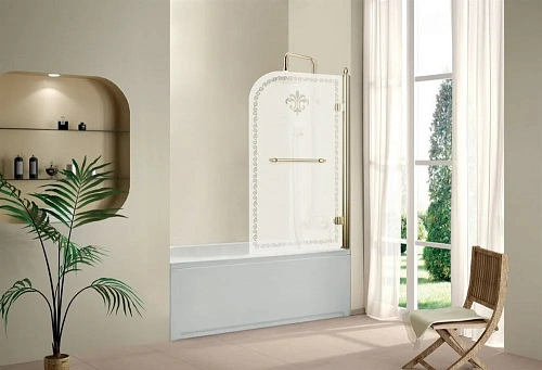 Шторка на ванну Cezares Retro V1 (80x145) (правая) матовое стекло с прозрачным узором золото RETRO-V-1-80/145-PP-G-R Шторка на ванну Cezares Retro V1 (80x145) (правая) матовое стекло с прозрачным узором золото RETRO-V-1-80/145-PP-G-R