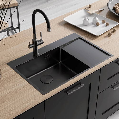 Кухонная мойка Lemark KEZADRA 780L из нержавеющей стали, с крылом (чаша слева), черный матовый 9932152 Кухонная мойка Lemark KEZADRA 780L из нержавеющей стали, с крылом (чаша слева), черный матовый 9932152