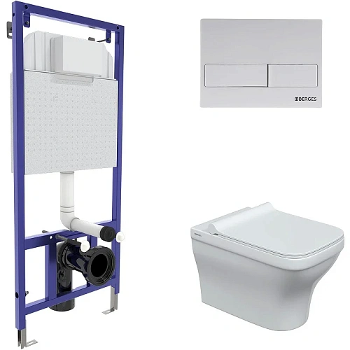 Комплект унитаза BERGES Strati Rimless с инсталляцией NOVUM кнопкой L4 белой SoftTouch , сидение дюр 042455 Комплект унитаза BERGES Strati Rimless с инсталляцией NOVUM кнопкой L4 белой SoftTouch , сидение дюр 042455