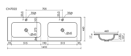 Раковина Ceramica Nova Grace CN7022MBwx мебельная 1410x457x137 с двумя чашами без отверстий под смеситель, черный матовый Раковина Ceramica Nova Grace CN7022MBwx мебельная 1410x457x137 с двумя чашами без отверстий под смеситель, черный матовый
