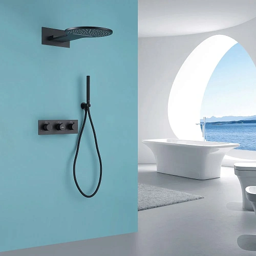 Душевая система ABBER Wasser Kreis AF8151B скрытого монтажа без излива, термостат, черный матовый Душевая система ABBER Wasser Kreis AF8151B скрытого монтажа без излива, термостат, черный матовый