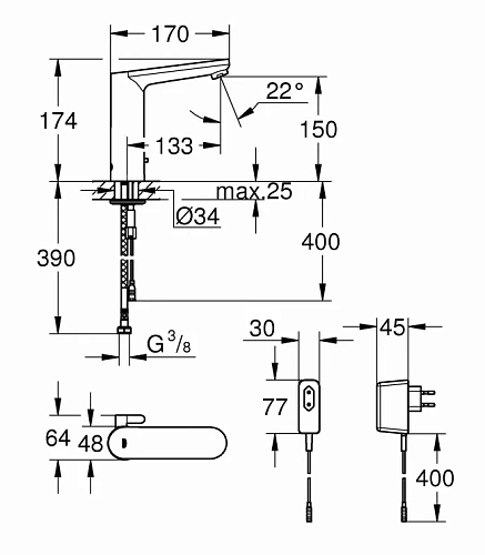 Смеситель для раковины GROHE Eurosmart Cosmopolitan E, 230V, L-размер, хром (120123) инфракрасный Смеситель для раковины GROHE Eurosmart Cosmopolitan E, 230V, L-размер, хром (120123) инфракрасный