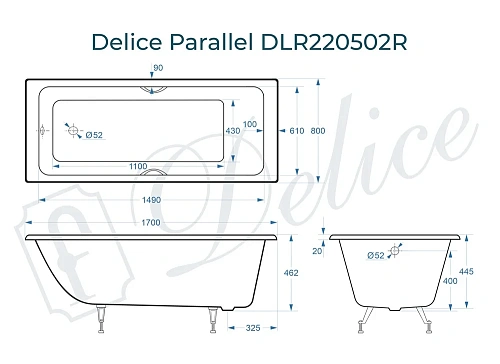 Ванна чугунная Delice Parallel 170х80 DLR220502RB с черными матовыми ручками Ванна чугунная Delice Parallel 170х80 DLR220502RB с черными матовыми ручками