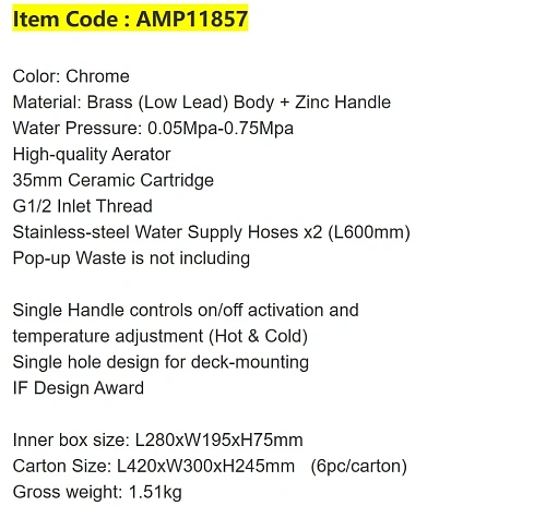 Смеситель для раковины ARROW AMP11857 хром Смеситель для раковины ARROW AMP11857 хром