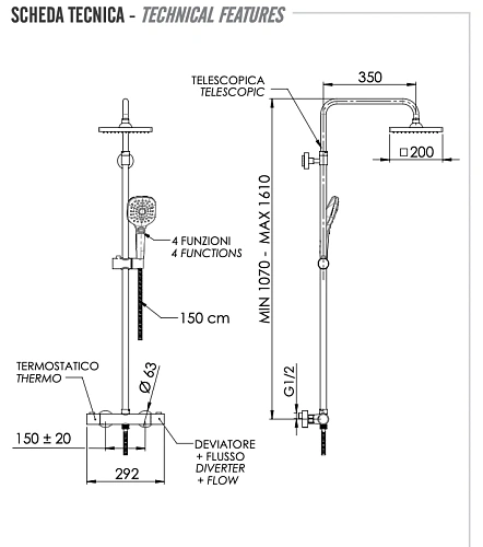 Душевая система Remer EQ32A8CPSD20 термостатическая Душевая система Remer EQ32A8CPSD20 термостатическая