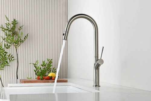 Смеситель для кухни AQUAme Cucina AQM9905BN с выдвижным изливом, с подключением к фильтру с питьевой водой, никель шлифованный Смеситель для кухни AQUAme Cucina AQM9905BN с выдвижным изливом, с подключением к фильтру с питьевой водой, никель шлифованный