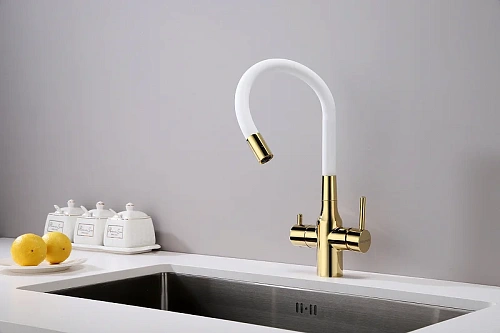 Смеситель для кухни Paulmark Salix золото белый шланг Sa213419-Gw Смеситель для кухни Paulmark Salix золото белый шланг Sa213419-Gw