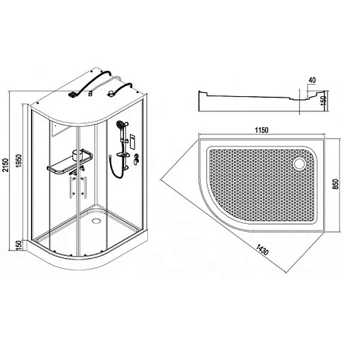 Душевая кабина Esbano ELEGANCIA (ESKL115CRR) полукруглая с крышей и LED освещением ES-L115CR RIGHT 115x85x210 Душевая кабина Esbano ELEGANCIA (ESKL115CRR) полукруглая с крышей и LED освещением ES-L115CR RIGHT 115x85x210