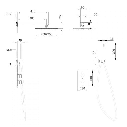 Душевая система ABBER Weiss Insel AF8051B скрытого монтажа без излива, термостат, черный матовый Душевая система ABBER Weiss Insel AF8051B скрытого монтажа без излива, термостат, черный матовый
