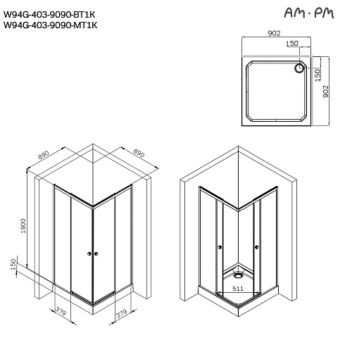 Душевой уголок AM.PM X-joy W94G-403-9090-МТ1К 90x90 хром матовый, стекло прозрачное Душевой уголок AM.PM X-joy W94G-403-9090-МТ1К 90x90 хром матовый, стекло прозрачное