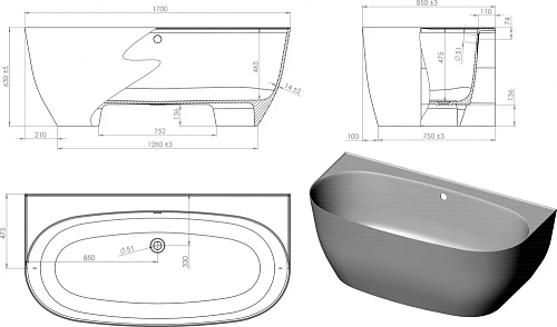 Ванна из искусственного камня Astra-Form Атрия пристеночная 170x85 цвет RAL 01020013 Ванна из искусственного камня Astra-Form Атрия пристеночная 170x85 цвет RAL 01020013