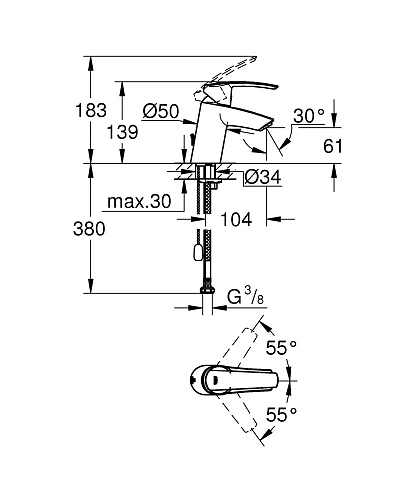 Смеситель для раковины GROHE Start с цепочкой, хром (32277001) Смеситель для раковины GROHE Start с цепочкой, хром (32277001)