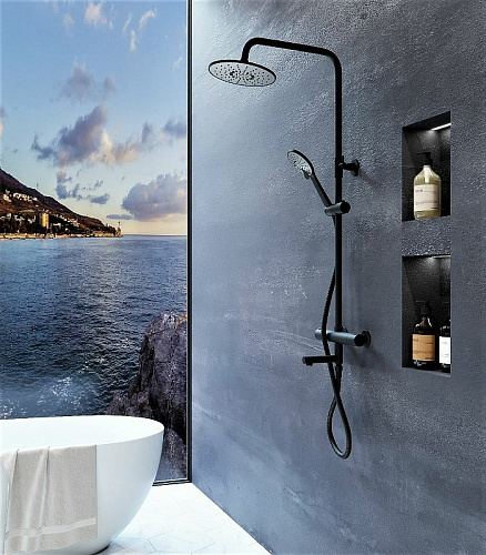 Душевая система Orange Thermo T02S3-911b термостат с изливом, черный матовый Душевая система Orange Thermo T02S3-911b термостат с изливом, черный матовый