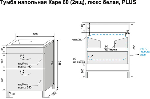 Тумба под раковину Style Line Каре 60 (2 ящ.) Люкс белая, PLUS СС-00002265 Тумба под раковину Style Line Каре 60 (2 ящ.) Люкс белая, PLUS СС-00002265