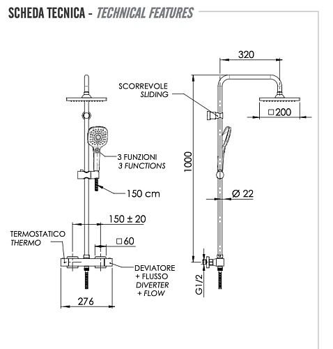 Душевая система Remer Absolute ST32X8CPSD25 термостатическая Душевая система Remer Absolute ST32X8CPSD25 термостатическая