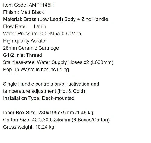 Смеситель для раковины ARROW AMP1145H черный Смеситель для раковины ARROW AMP1145H черный