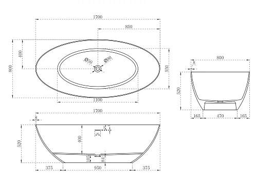 Ванна отдельностоящая ABBER AS9625-1.7 170x80 универсальная, белая матовая, искусственный камень Ванна отдельностоящая ABBER AS9625-1.7 170x80 универсальная, белая матовая, искусственный камень