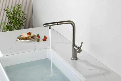 Смеситель для кухни AQUAme Cucina AQM9903BN с выдвижным изливом, с подключением к фильтру с питьевой водой, никель шлифованный Смеситель для кухни AQUAme Cucina AQM9903BN с выдвижным изливом, с подключением к фильтру с питьевой водой, никель шлифованный