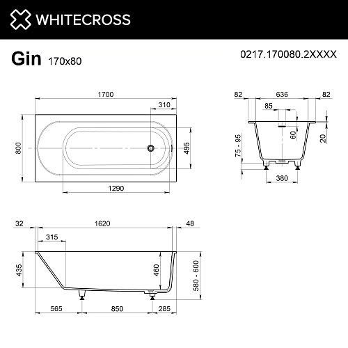 Ванна из искусственного камня WHITECROSS Gin 170x80 RAL матовый Ванна из искусственного камня WHITECROSS Gin 170x80 RAL матовый