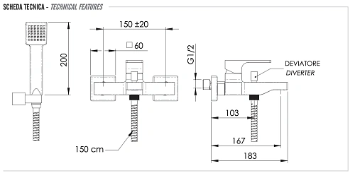 Смеситель для ванны Remer Absolute AU02NO, черный матовый Смеситель для ванны Remer Absolute AU02NO, черный матовый