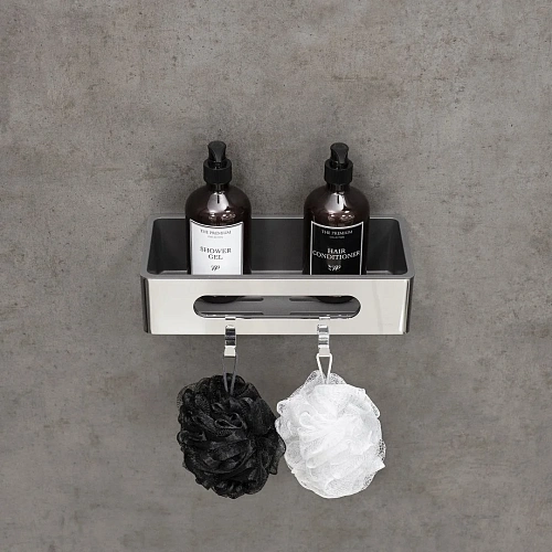 Полка Lemark SHELF LINE с крючками, хром/вставка-пластик графит 9771043 Полка Lemark SHELF LINE с крючками, хром/вставка-пластик графит 9771043