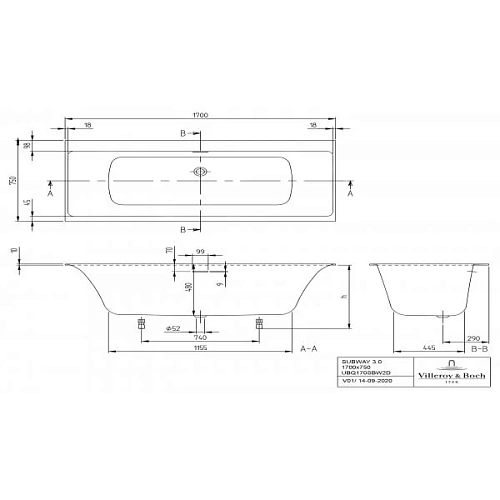 Ванна квариловая Villeroy & Boch Subway 3.0 170 x 75 см UBQ170SBW2DV-01 Ванна квариловая Villeroy & Boch Subway 3.0 170 x 75 см UBQ170SBW2DV-01