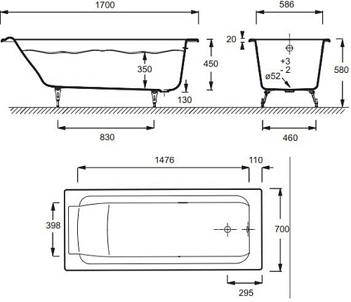 Ванна чугунная Jacob Delafon Parallel 170x70 E2947-S-00 Ванна чугунная Jacob Delafon Parallel 170x70 E2947-S-00