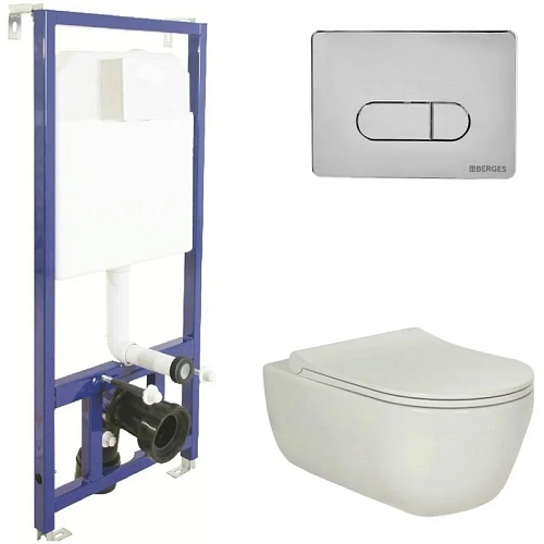Комплект унитаза BERGES EGO XL Rimless с инсталляцией NOVUM525, кнопка D3 хром глянец, сидение микро 043201 Комплект унитаза BERGES EGO XL Rimless с инсталляцией NOVUM525, кнопка D3 хром глянец, сидение микро 043201