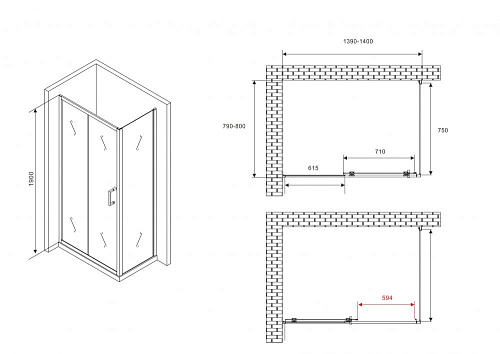Душевой уголок ABBER Schwarzer Diamant AG30140B5-S80B5 140x80 см универсальный, профиль черный, стекло прозрачное Душевой уголок ABBER Schwarzer Diamant AG30140B5-S80B5 140x80 см универсальный, профиль черный, стекло прозрачное