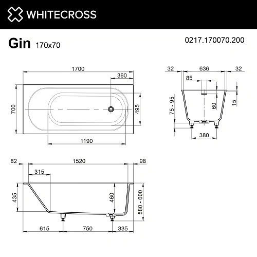 Ванна из искусственного камня WHITECROSS Gin 170x70 белый матовый 0217.170070.200 Ванна из искусственного камня WHITECROSS Gin 170x70 белый матовый 0217.170070.200