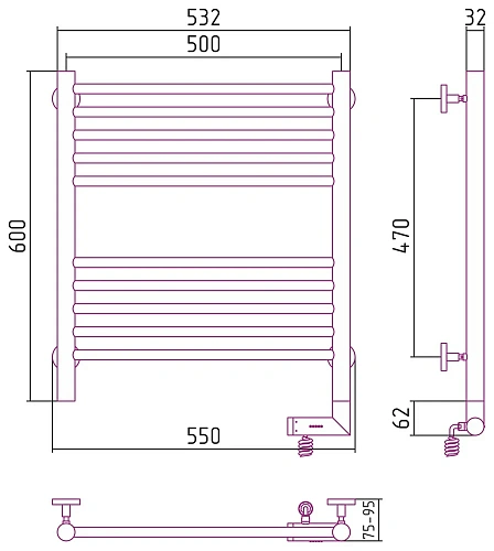 Полотенцесушитель электрический Сунержа Богема 2.0 прямая 600х500 МЭМ правый 00-5205-6050 Без покрыт Полотенцесушитель электрический Сунержа Богема 2.0 прямая 600х500 МЭМ правый 00-5205-6050 Без покрыт