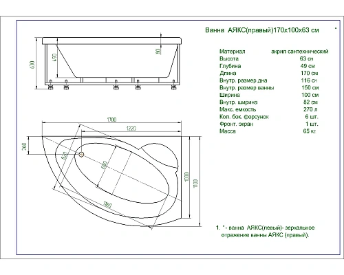 Акриловая ванна Aquatek Аякс 2 170x100 асимметричная, правая, с каркасом AYK170-0000007 Акриловая ванна Aquatek Аякс 2 170x100 асимметричная, правая, с каркасом AYK170-0000007