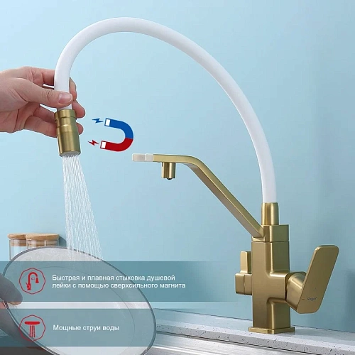 Смеситель для кухни Raglo R85.62.03 с гибким изливом с подключением к фильтру, золотой сатин Смеситель для кухни Raglo R85.62.03 с гибким изливом с подключением к фильтру, золотой сатин