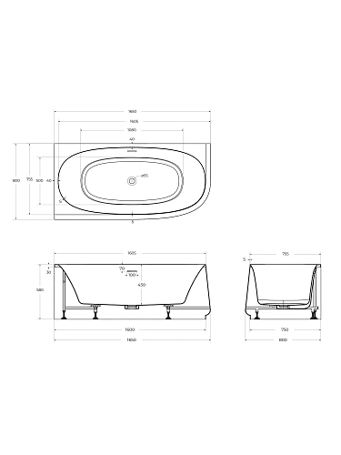 Акриловая ванна CEZARES CZR-LUX-CORNER-165-80-58-L угловая левосторонняя Акриловая ванна CEZARES CZR-LUX-CORNER-165-80-58-L угловая левосторонняя