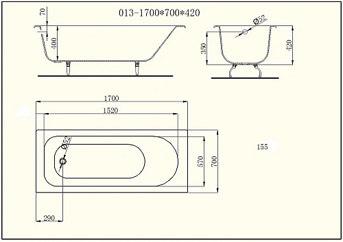 Ванна чугунная BYON 13 170x70x42 V0000220 Ванна чугунная BYON 13 170x70x42 V0000220